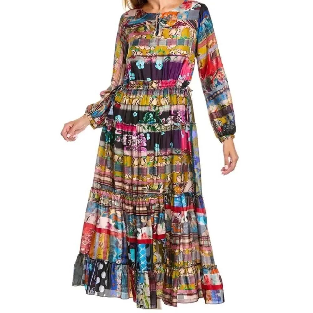 Johnny Was Sonnet Dixie Silk Maxi Dress XXS Boho Tiered Floral Multicolor